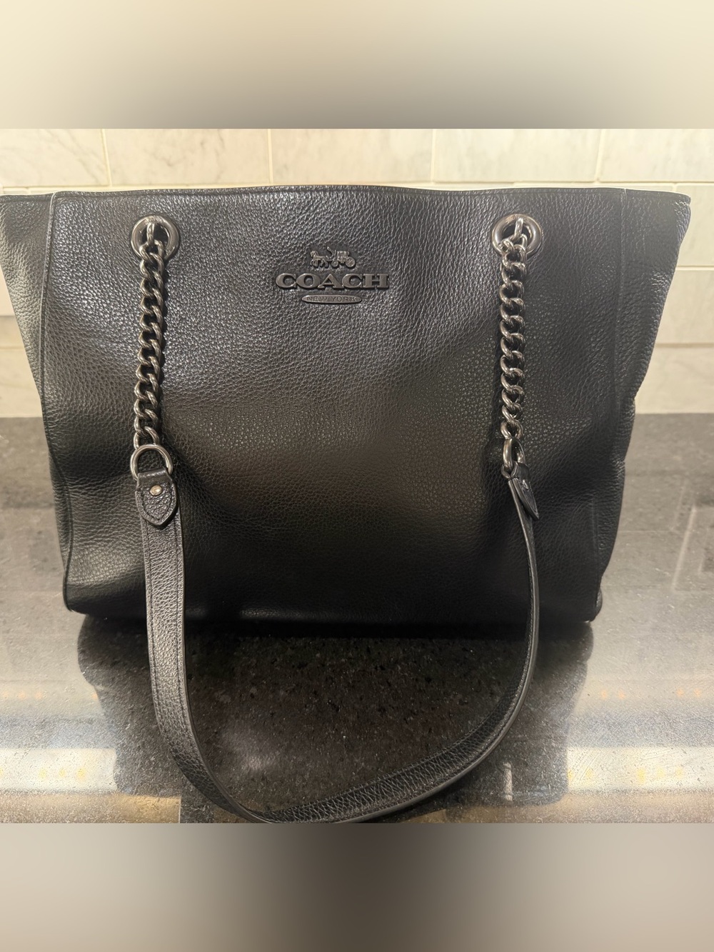 Authentic Coach Black Pebbled Leather Chain Tote